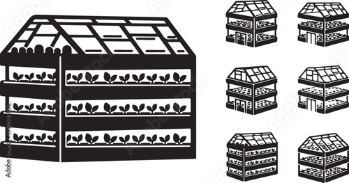 Black and white illustration of greenhouses and plants
