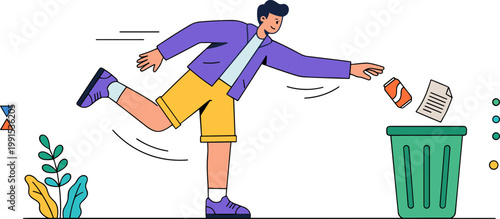 Man kicking trash can with papers flying out in a lively illustration