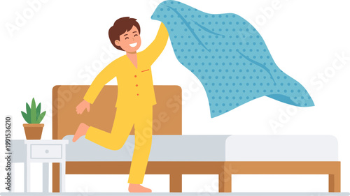 A person in yellow pajamas throws a blue blanket while standing beside a bed.