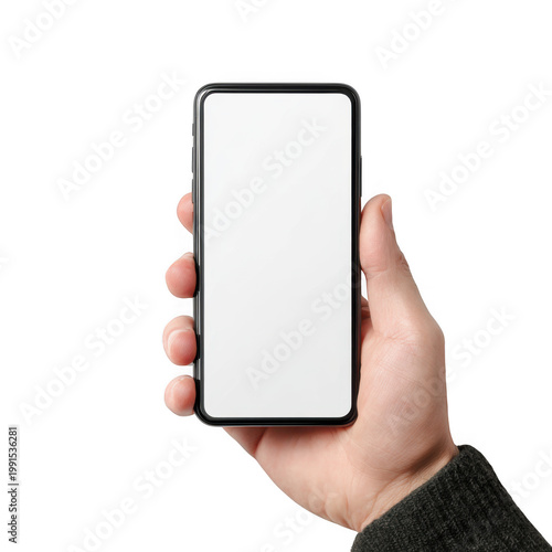 Hand holding a blank smartphone with white screen isolated on transparent background