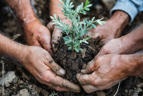 Collaboration to plant trees for a better environment Several pairs of hands were holding a small sapling. Ready to plant in the ground It shows unity and taking care of nature together