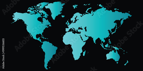 World map silhouette vector illustration featuring continents in blue on black background for global geography travel and business design