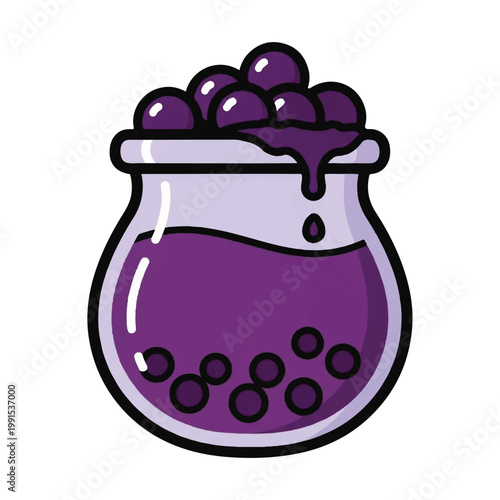 Illustration of a purple potion in a glass jar with bubbles.