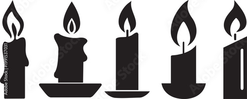 Minimal candle silhouette set featuring modern vector icons with flame shapes. Trendy flat design perfect for branding, logos, spirituality, relaxation, memorial theme, and decorative graphic project.
