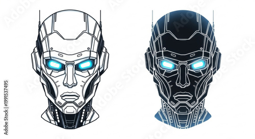 Detailed illustration of a robotic head with glowing blue eyes, shown in both line art and a shaded version, evoking futuristic technology and artificial intelligence themes