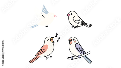 Feathered Friends: A delightful illustration showcases the playful innocence and charm of little birds, each poised in a unique pose, bringing a touch of whimsy.