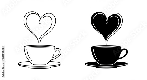 A pair of stylized coffee cups, one white and one black, emitting heart-shaped steam, symbolizing love for coffee and hot beverages