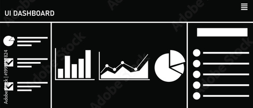 UI dashboard vector illustration data analysis elements including charts graphs and checklists.
