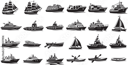 Various types of boats and ships illustrations