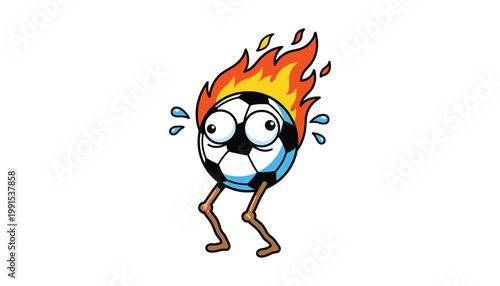 Flaming soccer ball with wobbly stick legs and confused googly eyes, absurd sports character vector on white