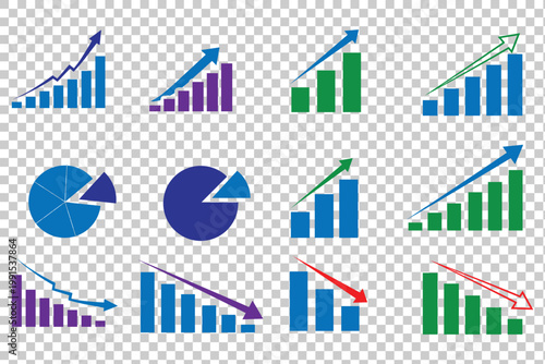 Data analysis and progress illustration, different types of charts and diagrams vector set.