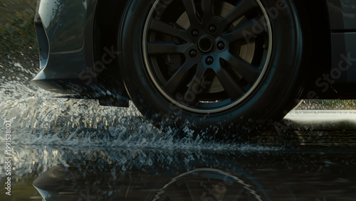 Car tire driving on wet road in rain