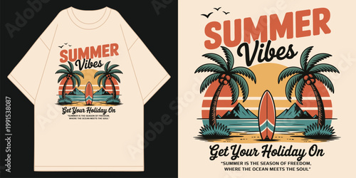 Photography retro summer vibes beach holiday scene with surfboard palm trees and sunset grap
