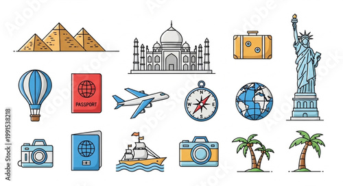 Collection of Travel and Tourism Icons and Landmarks.