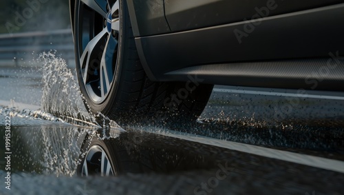 Car tire driving on wet road in rain