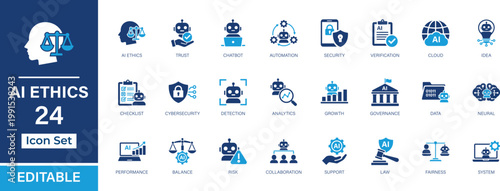 Ai ethics 24 solid icon set. Trust, security, automation, data, governance, and responsible Ai concepts for Ui, Ux, apps, and web. Vector collection.