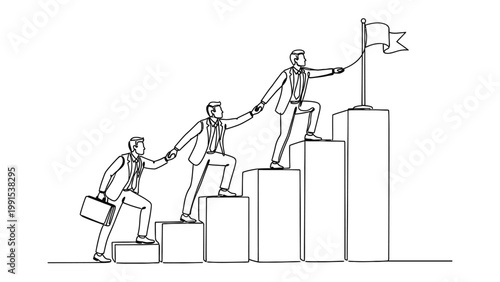 Continuous line drawing of business team climbing stairs to reach the flag goal. Continuous line style. Hand drawn. Line art. Vector design. illustration