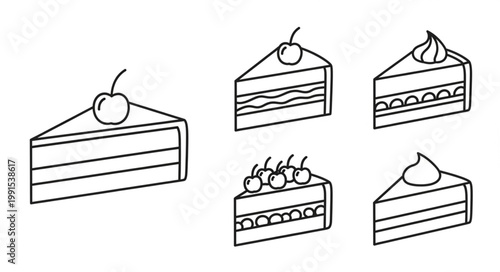 Set of Delicious Cake Slices with Cherries and Cream.