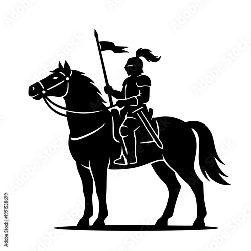 Black silhouette of Knight Horse Standing Hero Pose, Medieval Cavalry Battle Silhouette Vector, Knights on Horseback Fighting with Spears and Shields, Ancient War Scene Illustration