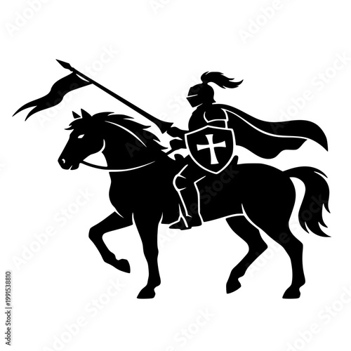 Black silhouette of Knight Horse Standing Hero Pose, Medieval Cavalry Battle Silhouette Vector, Knights on Horseback Fighting with Spears and Shields, Ancient War Scene Illustration