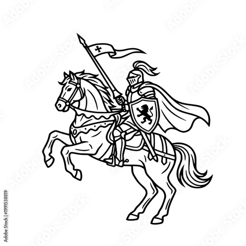 Black silhouette of Knight Horse Standing Hero Pose, Medieval Cavalry Battle Silhouette Vector, Knights on Horseback Fighting with Spears and Shields, Ancient War Scene Illustration
