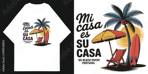 retro mi casa es su casa 1989 beach house portugal graphic with sunset palm tree surfboard and beach chair scene on white apparel t shirt design vector illustration artwork