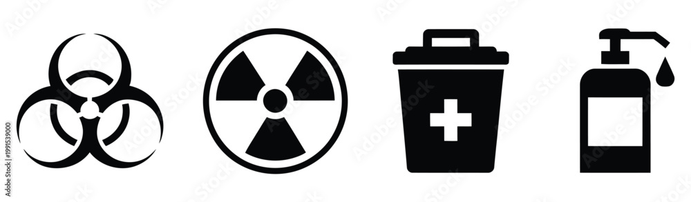 Fototapeta premium Safety, hazard icons set including biohazard, radiation, medical waste, and sanitizer spray symbols, vector illustration, warning and hygiene indicators, healthcare and contamination control concepts,