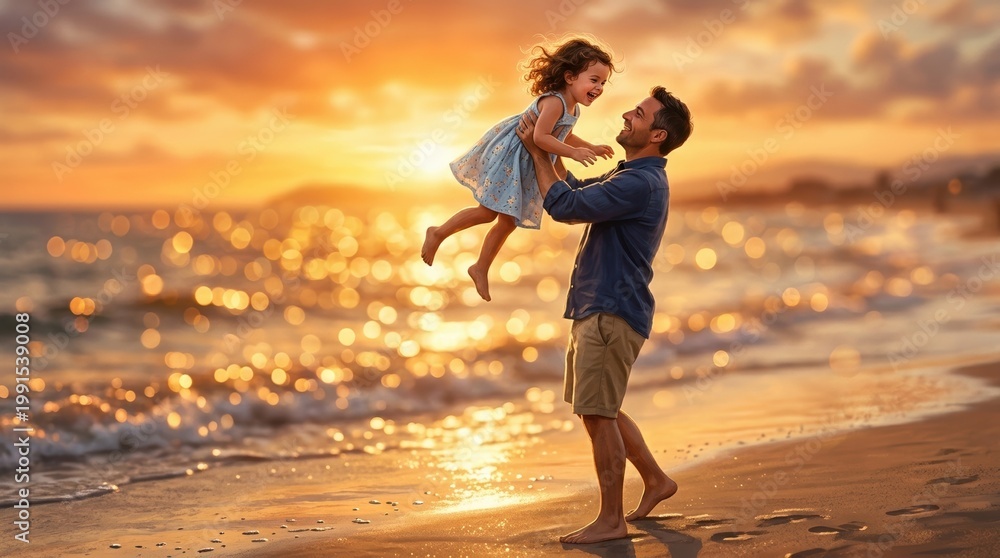 Fototapeta premium Father lifting his child on a beach at sunset, blurred sparkling sea and golden sky dissolving into warm coastal haze behind