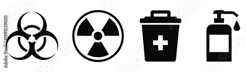 Safety, hazard icons set including biohazard, radiation, medical waste, and sanitizer spray symbols, vector illustration, warning and hygiene indicators, healthcare and contamination control concepts,
