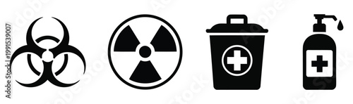 Hazard, safety symbol set representing biohazard, radiation, medical waste, and sanitizer spray, vector illustration, warning icons, healthcare risk indicators, hygiene and disinfection concepts, flat