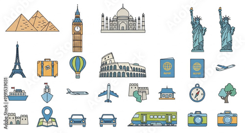 Collection of Famous World Landmarks and Travel Icons.