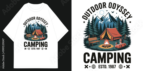 Tableau sur toile outdoor odyssey camping adventure with tent campfire and pine trees in mountain
