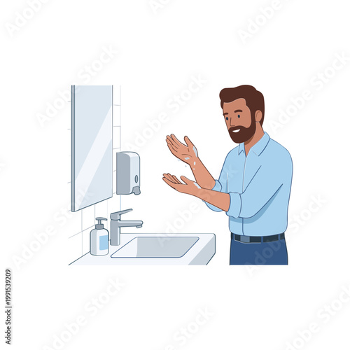 Man washing hands with soap dispenser in bathroom