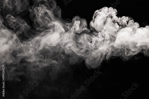 White smoke swirls and curls in intricate patterns against a solid black background.