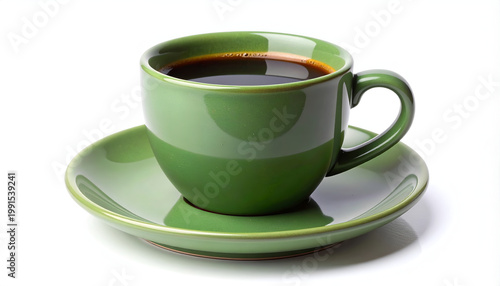 A vibrant green ceramic coffee cup sits gracefully on a matching saucer against a clean white background, showcasing a moment of simple elegance.