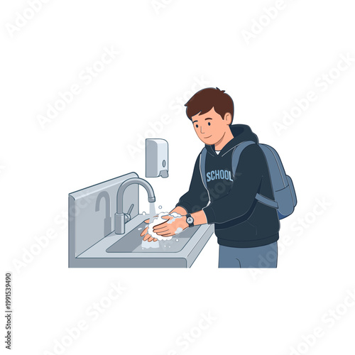A student washes his hands thoroughly at a school sink.