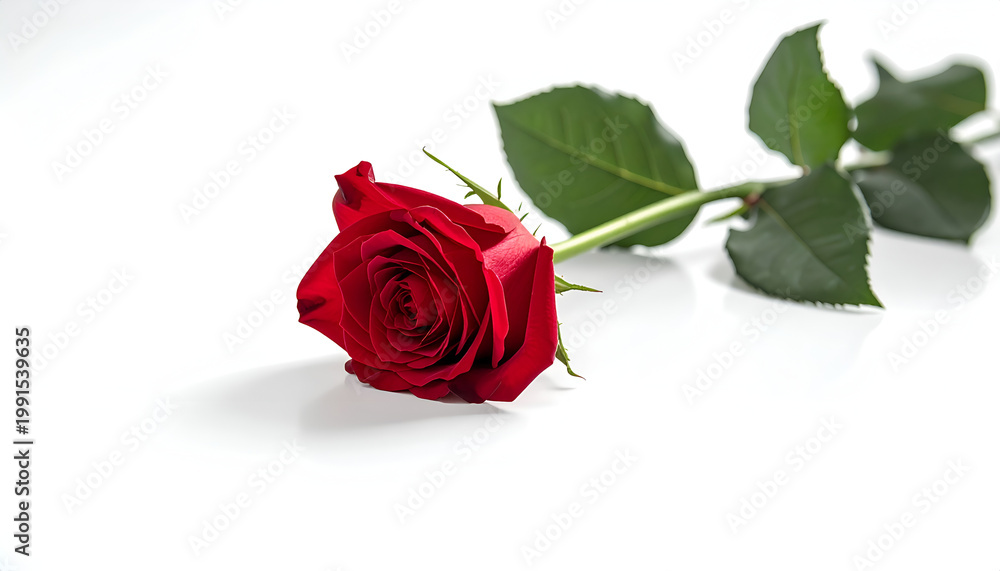 Naklejka premium A vibrant red rose lies gracefully on a white surface, showcasing its intricate petals and lush green stem.