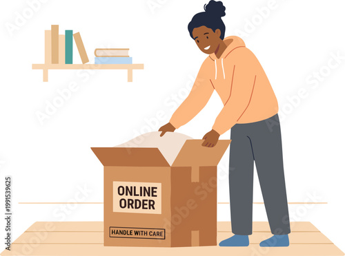 A woman opens an online order box in a room with a shelf.