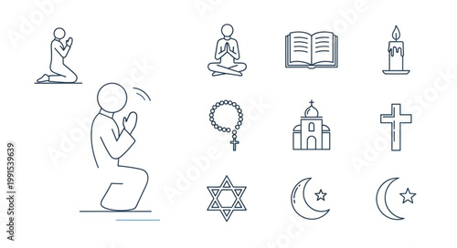 Collection of Religious Symbols and Figures in Sketch Style.