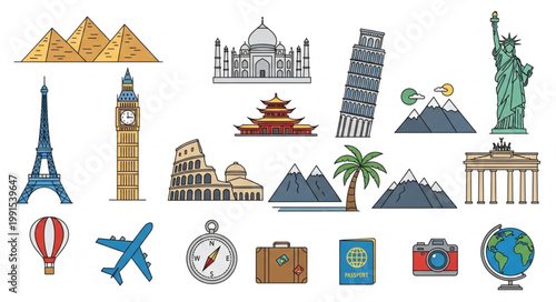Famous Landmarks and Travel Icons Collection.