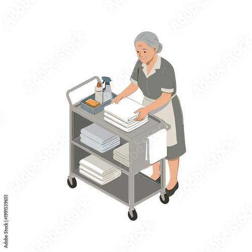 An elderly woman is cleaning with a cart full of towels and supplies.