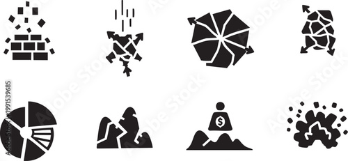 Business Crisis and Financial Market Breakdown Glyph Icon Set with Economic Decline Symbols