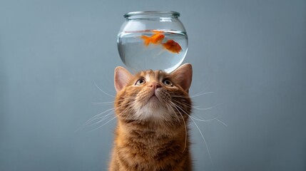 Ginger cat looking up at a glass fishbowl containing goldfish, set against a soft blue background, creating a whimsical and playful scene