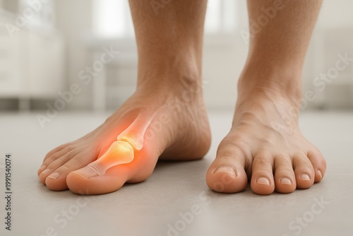 Hallux rigidus pain highlighted at big toe joint with subtle anatomical overlay on both feet in blurred medical interior forming clear clinical scene focused on forefoot arthritis