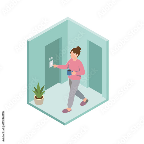 Woman walks into an office cubicle holding a mug and a paper