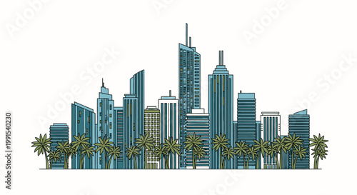 Modern urban cityscape with tropical palm trees, a vibrant and contemporary skyline illustration perfect for travel and business themes