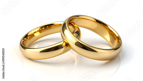 Two intertwined gold wedding rings rest on a pristine white surface, symbolizing commitment and eternal love.