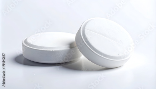 Two white effervescent tablets rest on a clean, white surface, showcasing their circular shape and textured edges in a studio setting.