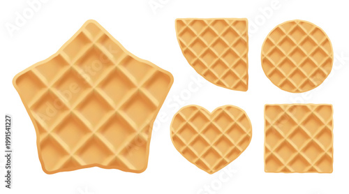 Wafer beige biscuit and creamy star cake, sweet crispy waffel. Waffle texture pattern and icecream cone cookie, 3d vector illustration. Round belgian dessert, heart bakery bg, realistic summer shape