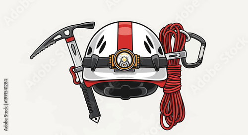 Essential Climbing Gear - Helmet, Ice Axe, Rope, and Carabiner.